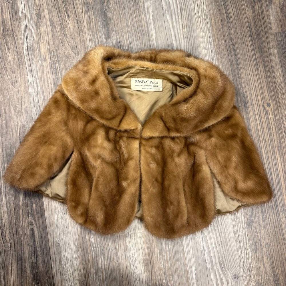 Vintage EMBA Pastel Natural Brown Mink Fur Stole Wrap Shawl Monogrammed Honey